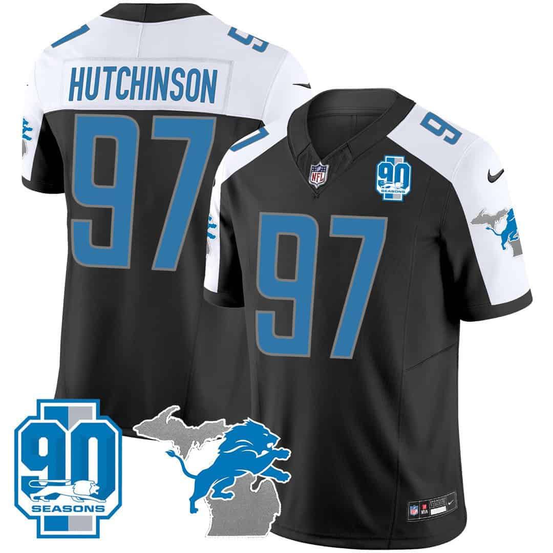 Men Detroit Lions #97 Hutchinson Black 2024 Nike 90th Year Michigan Patch Vapor NFL Jersey